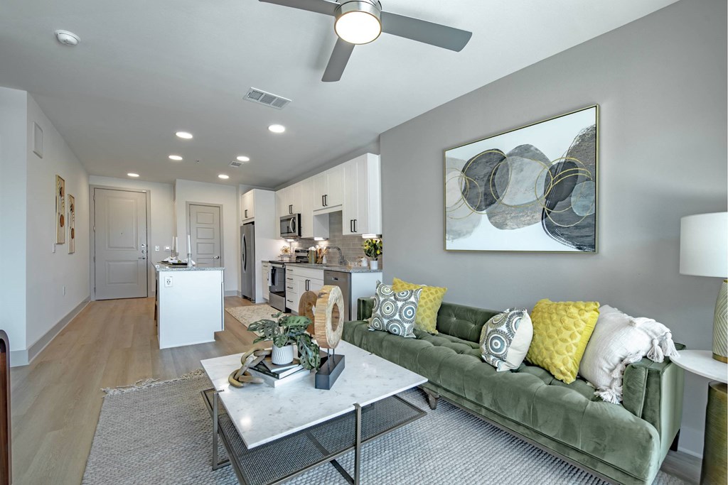 a living room with a couch and a table
