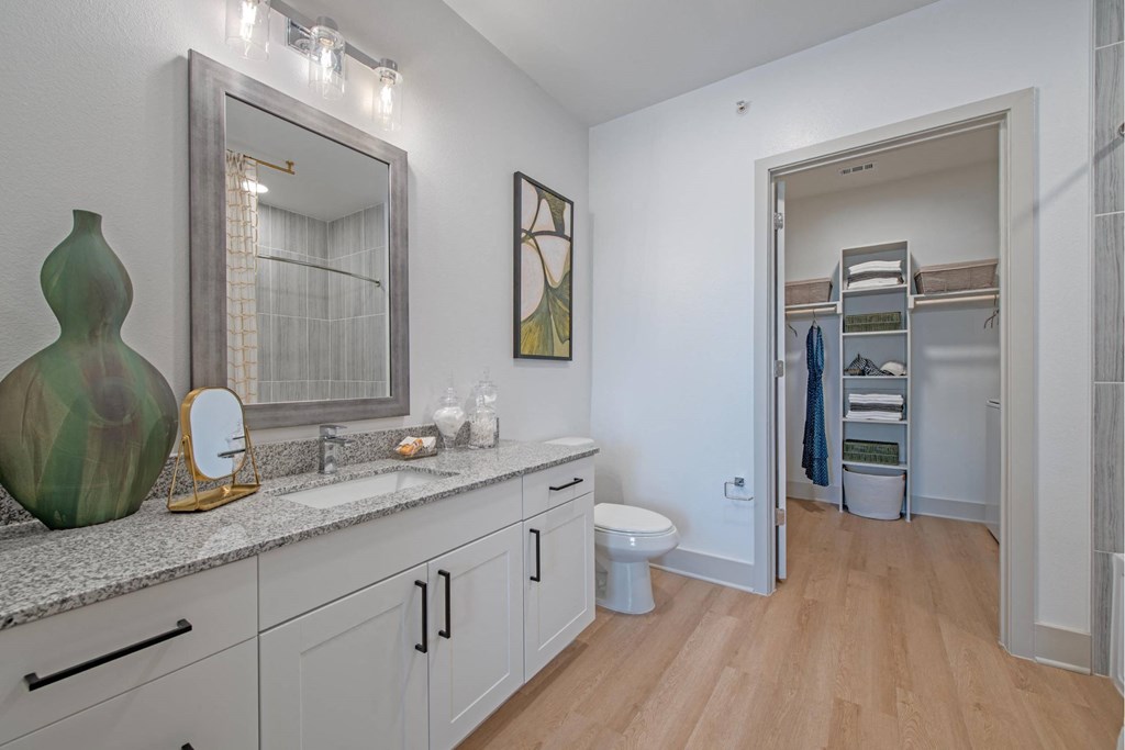 a bathroom with white cabinets and a mirror and a toilet