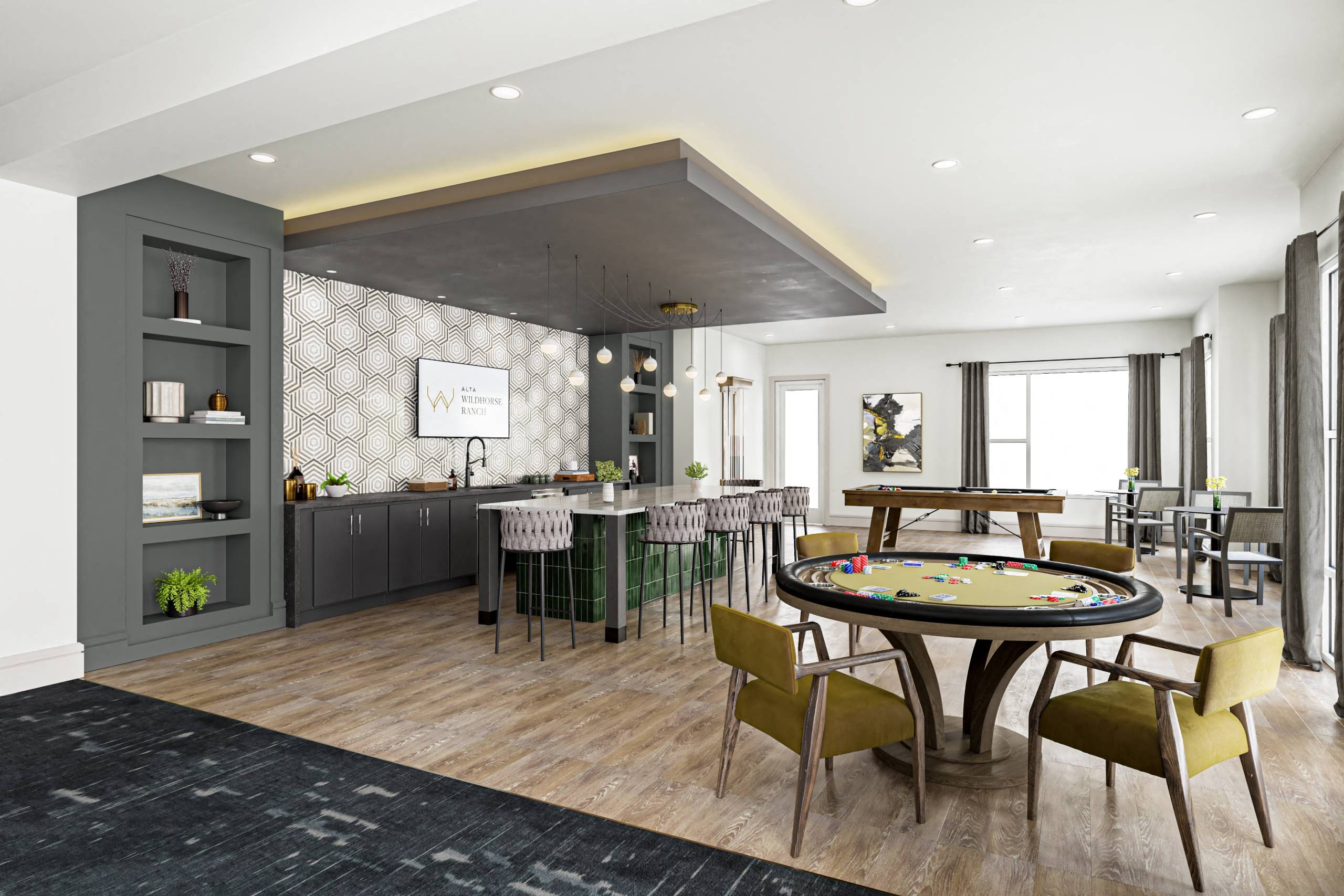 a clubhouse with a round table and a bar