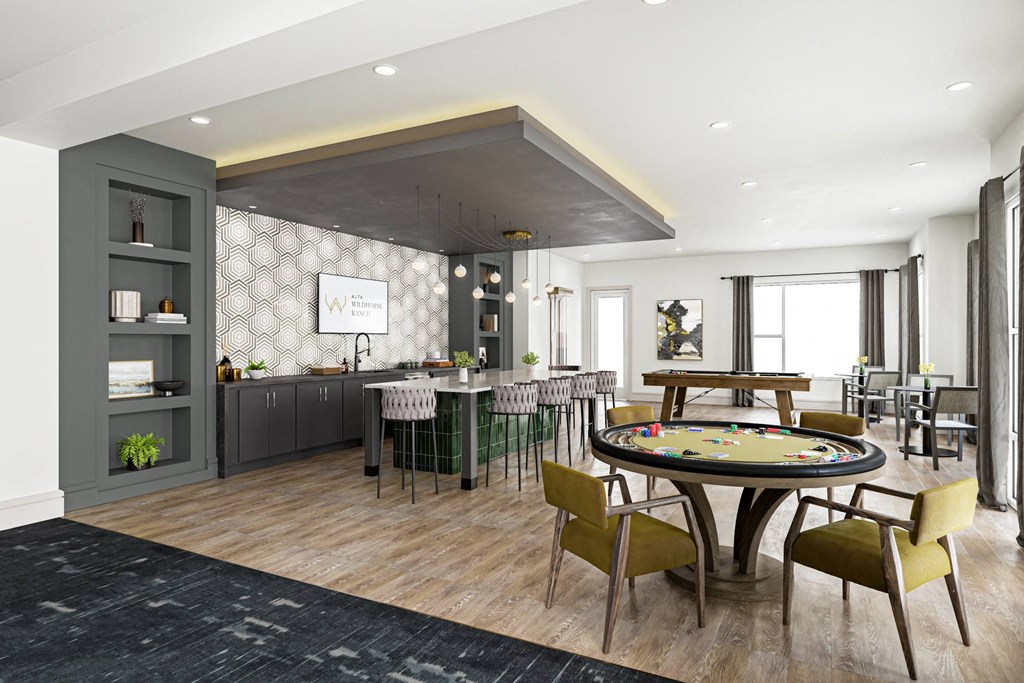 a clubhouse with a round table and a bar