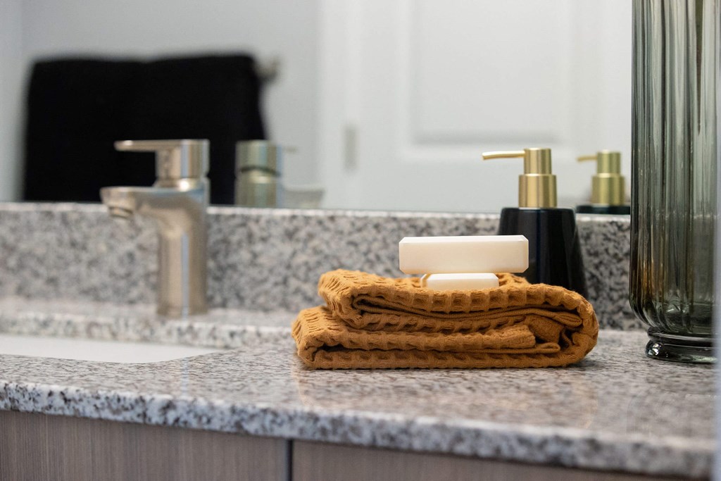 a bathroom with a soap dispenser and a towel on a sink