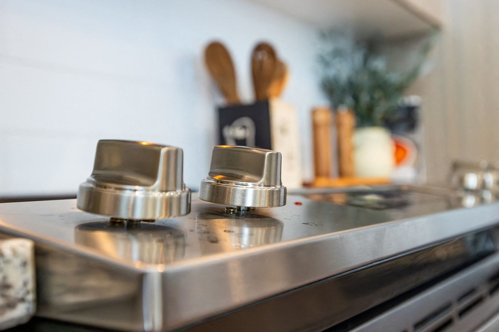 two faucets on a stainless steel stove in a kitchen