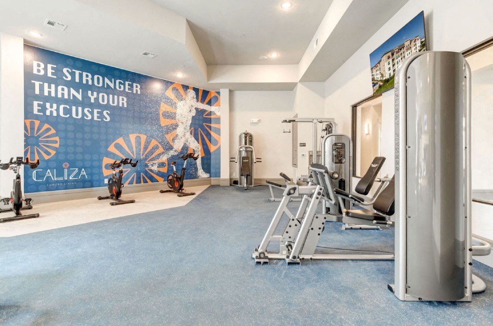 the gym is equipped with cardio equipment and weights