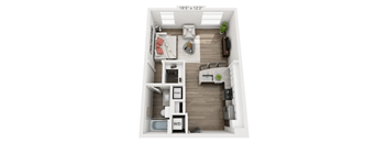 a stylized floor plan with a bedroom and a bathroom