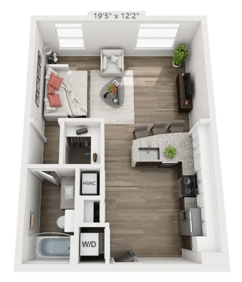 a stylized floor plan with a bedroom and a bathroom