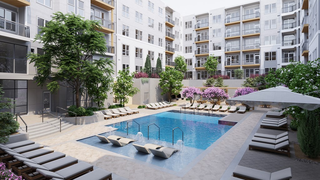 a rendering of an apartment building with a swimming pool