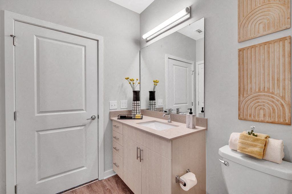 a bathroom with a sink and a mirror