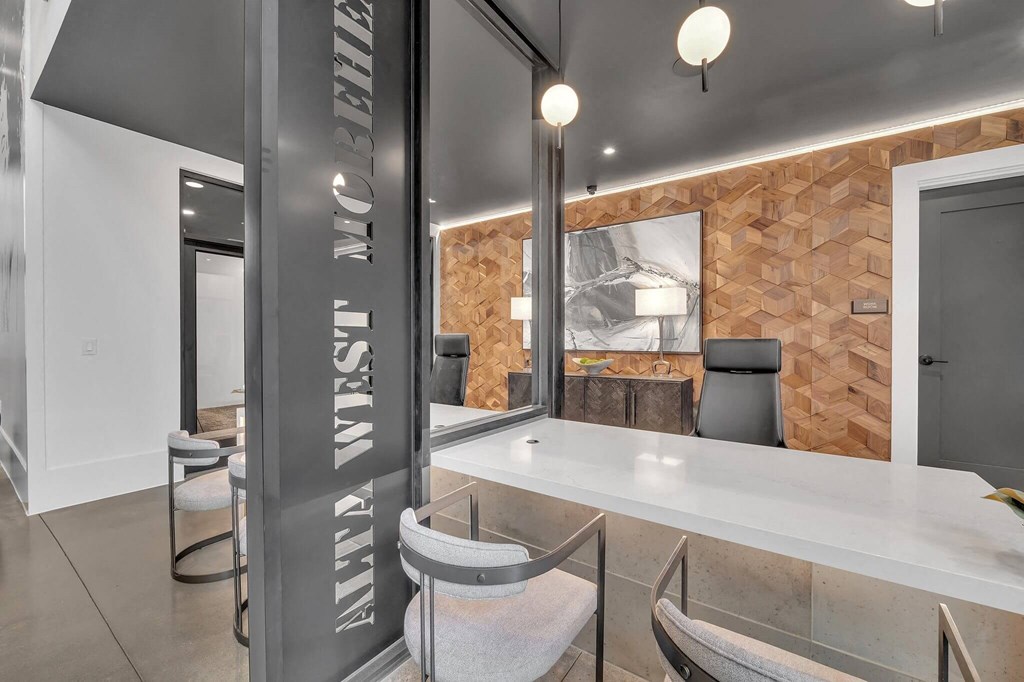 a conference room with a counter and chairs