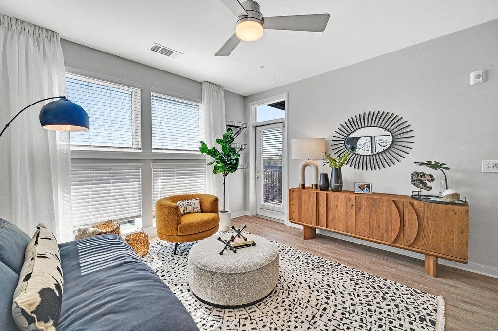 a living room with a couch and a coffee table