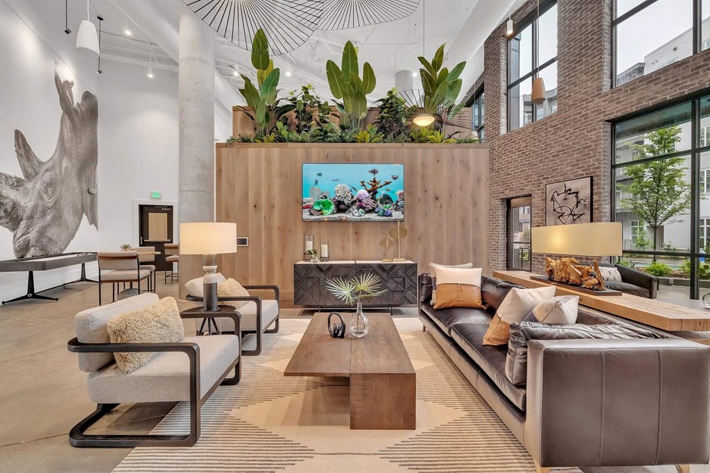 a living room with a couch and a table