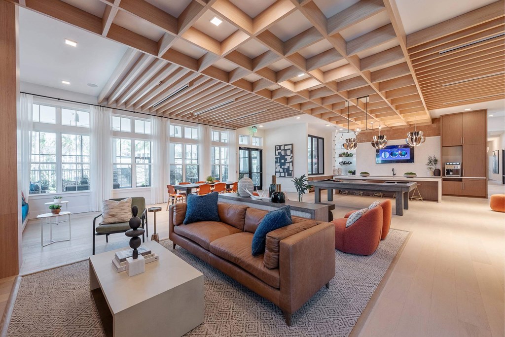 a living room with a couch and a table