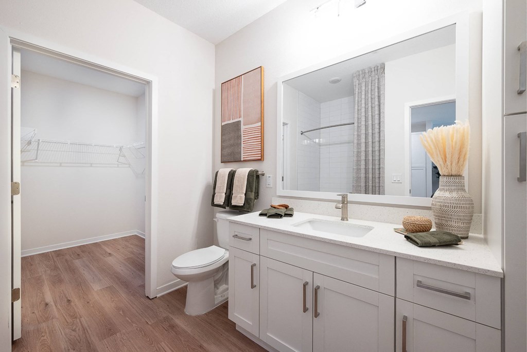 a bathroom with a large mirror and a toilet