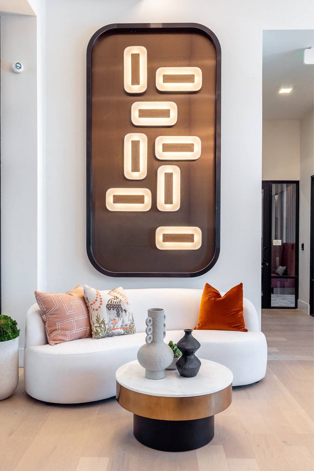 a living room with a couch and a coffee table
