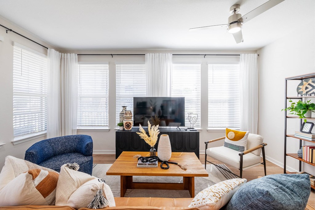 a living room with a couch and a coffee table and a television