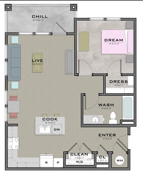 a floor plan of a bedroom apartment with a bathroom and a living room