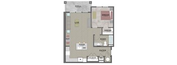 a floor plan of a house with several rooms and a staircase
