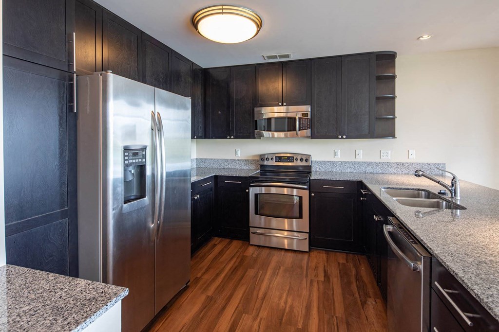 a kitchen with stainless steel appliances and black cabinets