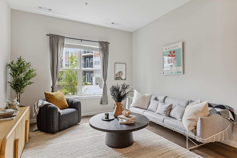 a living room with a couch and a chair and a window