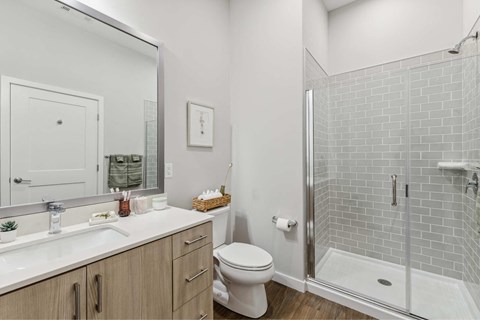 a bathroom with a shower and a toilet and a sink