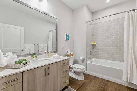 a bathroom with a toilet sink and shower and a mirror