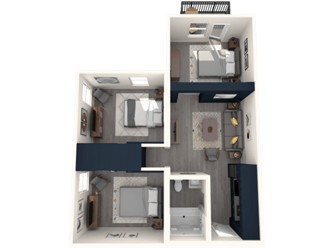 a 3d floor plan of a 2100 sq ft apartment