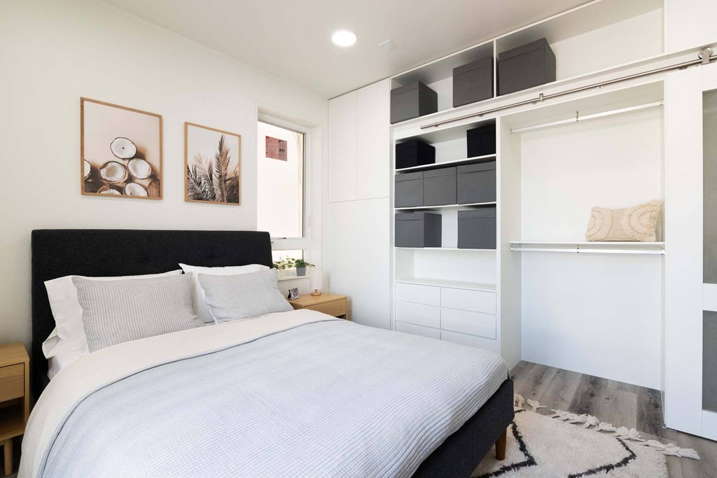 a bedroom with a bed and a closet