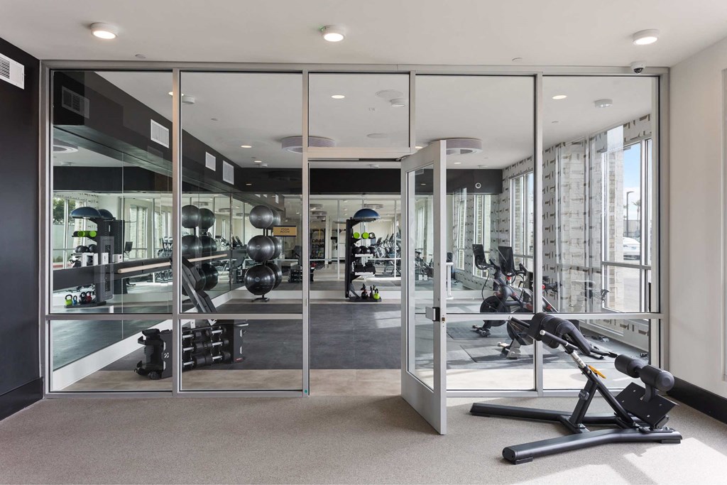 the gym has a glass walled area for weights and cardio equipment