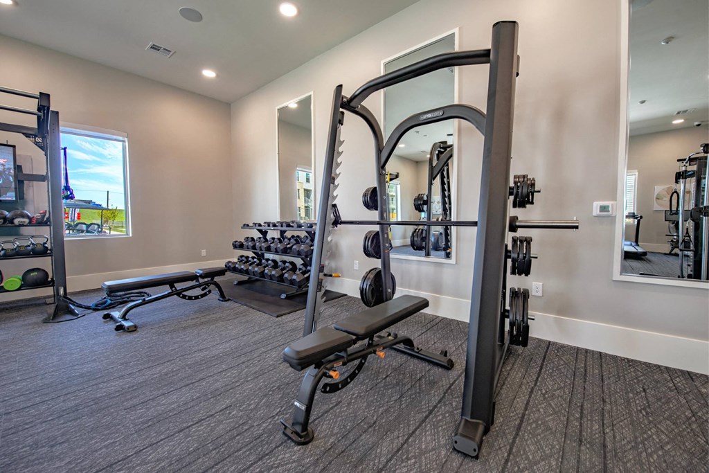 a gym with weights and cardio equipment at the district at highland village apartments