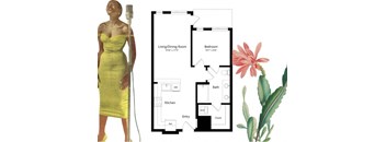 a floor plan of a house with a woman in a dress