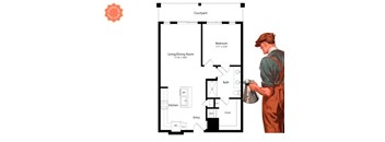 a floor plan of a house with a man holding a watering can