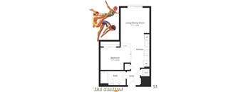 the floor plan of a small apartment with a bathroom and a living room