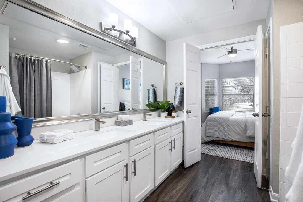 a bathroom with a large mirror and a sink