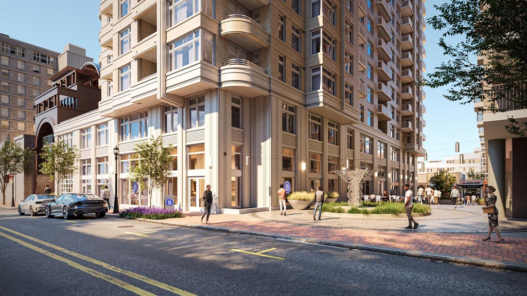 a rendering of a building on the corner of a street