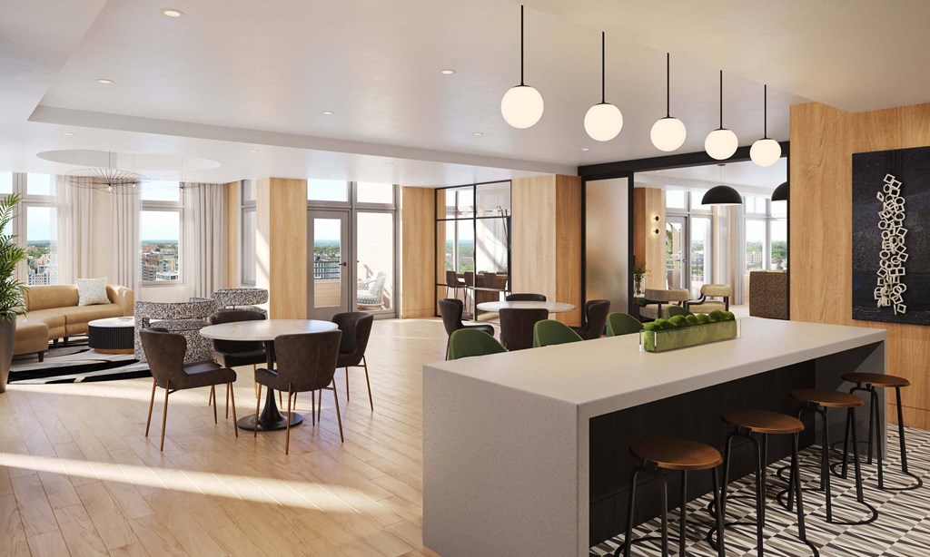 Lounges, including resident sky lounge with fireplace, TV lounge, solarium, Uber lounge, and demonstration kitchen with private dining room