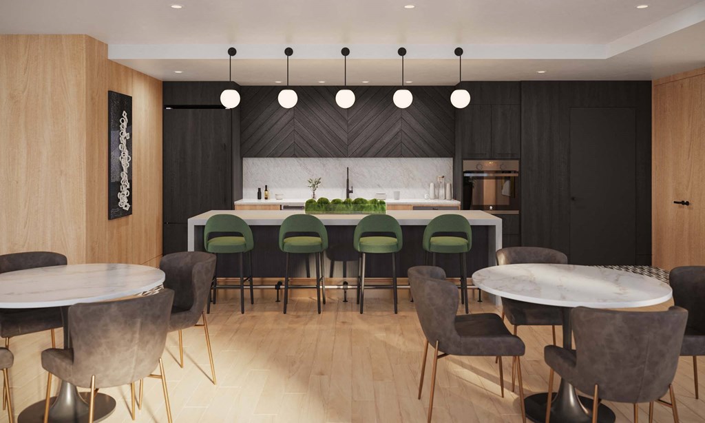 Lounges, including resident sky lounge with fireplace, TV lounge, solarium, Uber lounge, and demonstration kitchen with private dining room