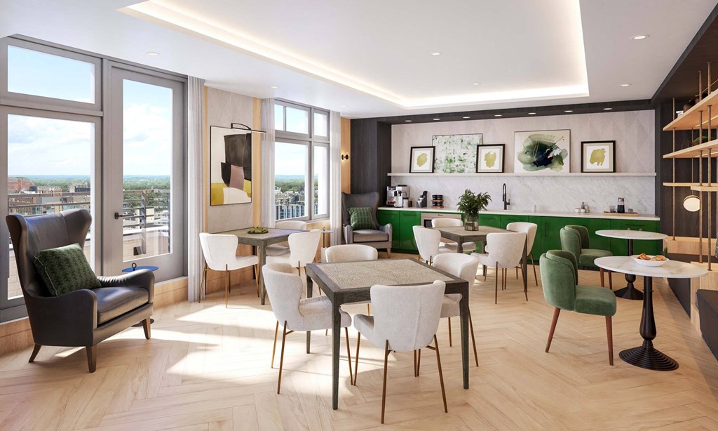 Lounges, including resident sky lounge with fireplace, TV lounge, solarium, Uber lounge, and demonstration kitchen with private dining room