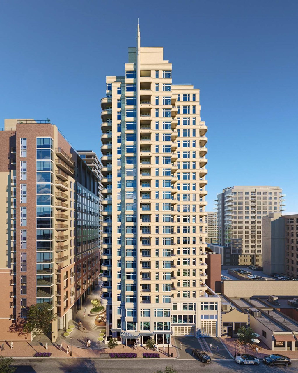 an aerial view of a tall building in a city