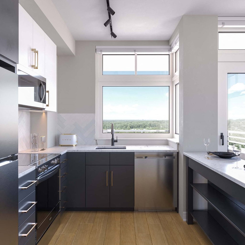 a kitchen with a sink and a window