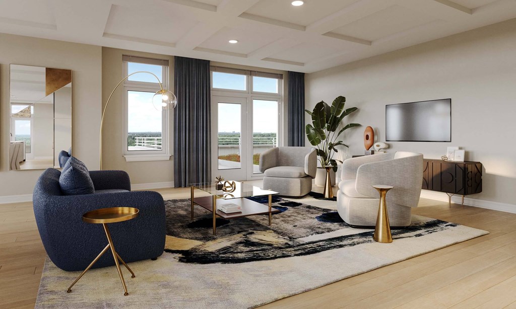 a rendering of a living room Expansive windows, spacious balconies, patios, and terraces*