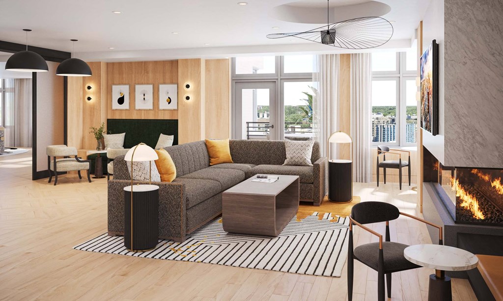 Lounges, including resident sky lounge with fireplace, TV lounge, solarium, Uber lounge, and demonstration kitchen with private dining room