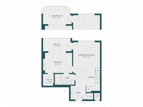 a floor plan of a bedroom floor plan with a transition to a living room