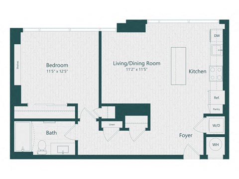 a floor plan of a living room with a bedroom and a kitchen