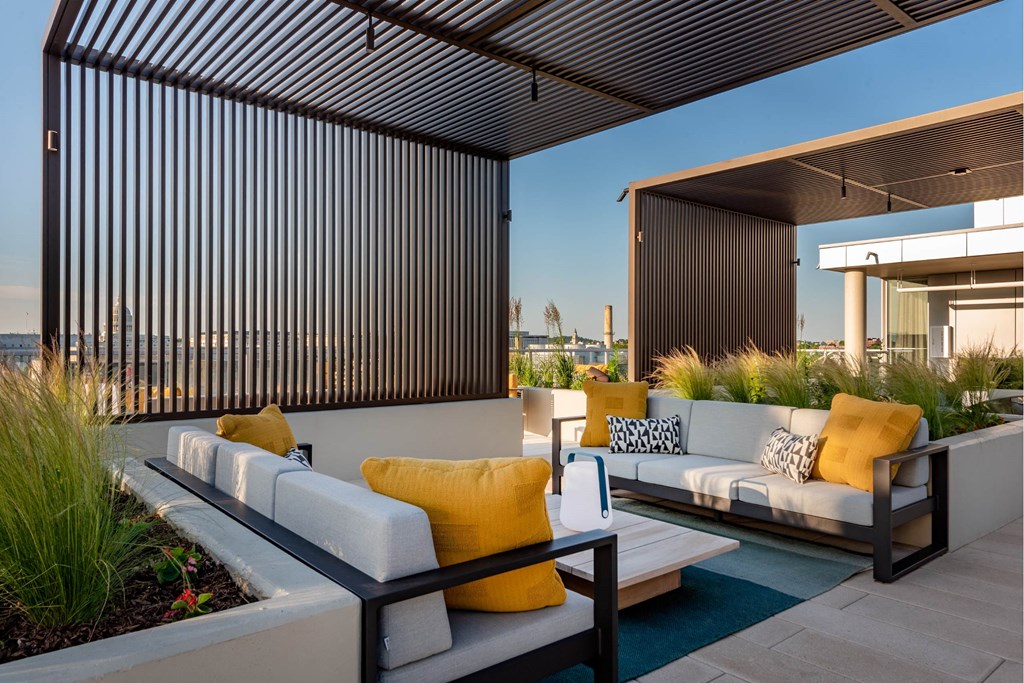 a lounge area with couches and a coffee table