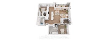 a view of the 1 bedroom floorplan of a 2 bedroom apartment with a balcony