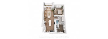 a stylized floor plan of a 1 bedroom apartment