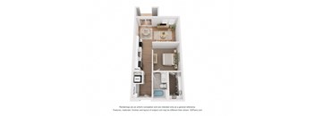 a stylized floor plan of a 1 bedroom unit with a bathroom and a balcony