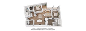 a stylized floor plan with a bedroom and a living room