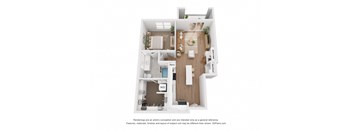 a stylized floor plan of a 1 bedroom apartment