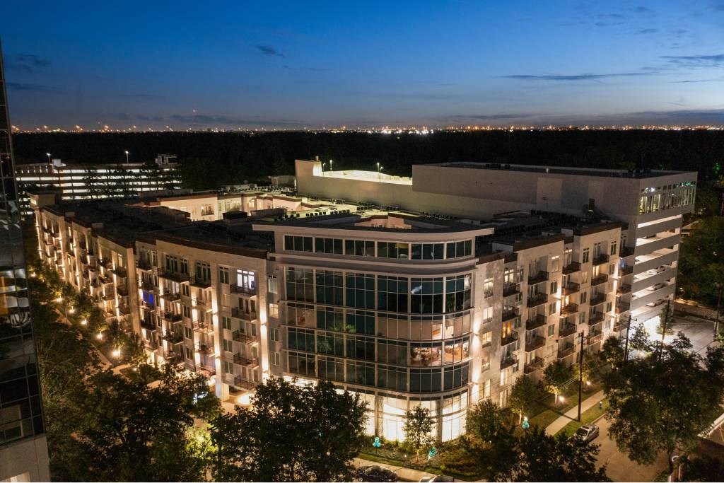 an aerial view of an office building at night