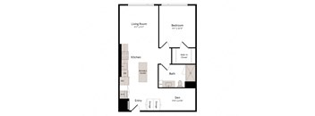 a floor plan of a room with a bedroom and a kitchen